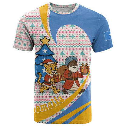 Somalia Christmas T-Shirt with Santa Cheetah Christmas Tree Village Scene and Festive Snowflake Graphic Tee