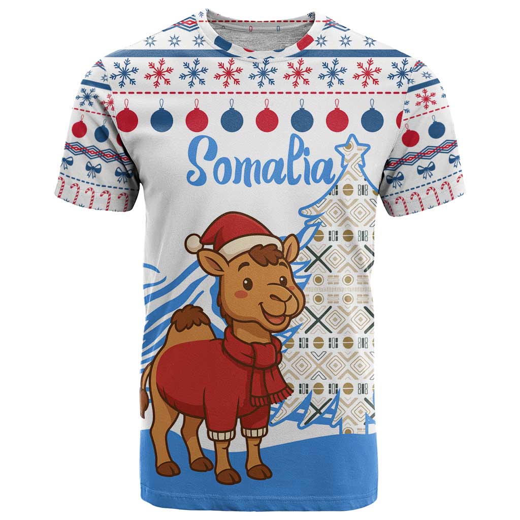 Somalia Christmas T-Shirt with Santa on Camel Christmas Tree Ornaments Candy Canes and Snowflake Graphic Tee