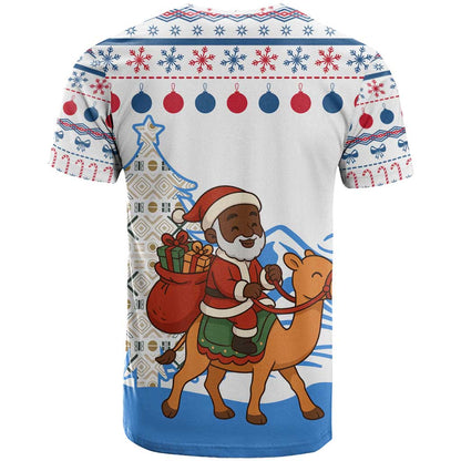 Somalia Christmas T-Shirt with Santa on Camel Christmas Tree Ornaments Candy Canes and Snowflake Graphic Tee