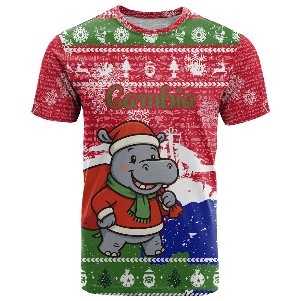 Gambia Christmas T-Shirt with Santa Hippo National Coat of Arms Snowflakes and Festive Holiday Graphic Tee