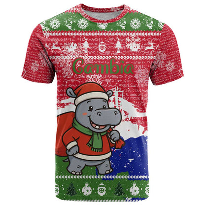 Gambia Christmas T-Shirt with Santa Hippo National Coat of Arms Snowflakes and Festive Holiday Graphic Tee