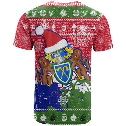 Gambia Christmas T-Shirt with Santa Hippo National Coat of Arms Snowflakes and Festive Holiday Graphic Tee