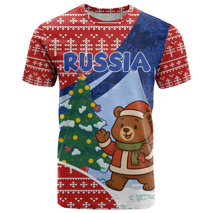 Russia Christmas T-Shirt with Santa Bear Gift Box Christmas Tree and Red Snowflake Graphic Tee