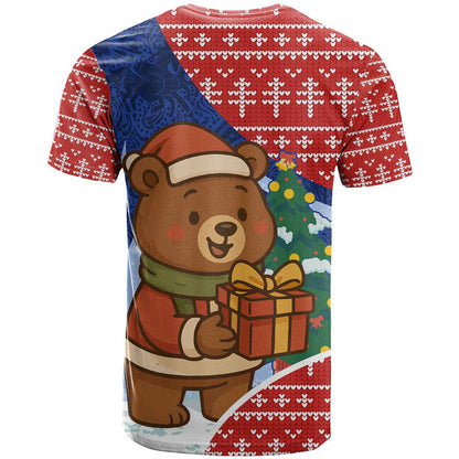 Russia Christmas T-Shirt with Santa Bear Gift Box Christmas Tree and Red Snowflake Graphic Tee