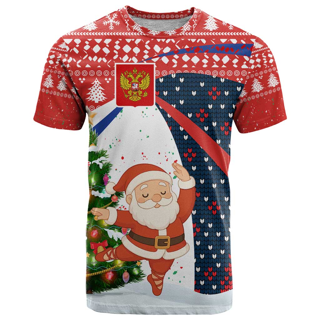 Russia Christmas T-Shirt with Dancing Santa Christmas Tree Lights and Red Snowflake Graphic Tee
