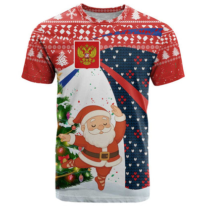 Russia Christmas T-Shirt with Dancing Santa Christmas Tree Lights and Red Snowflake Graphic Tee