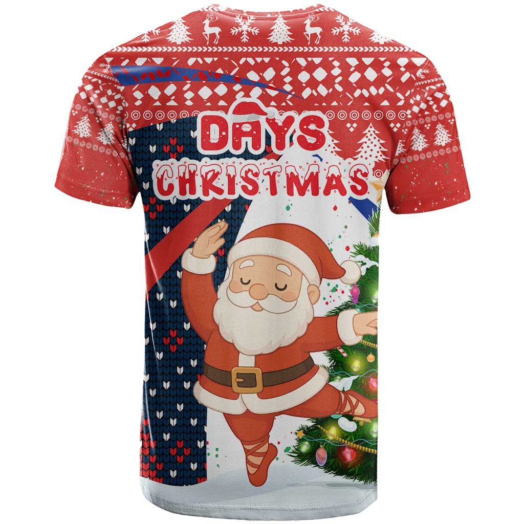 Russia Christmas T-Shirt with Dancing Santa Christmas Tree Lights and Red Snowflake Graphic Tee