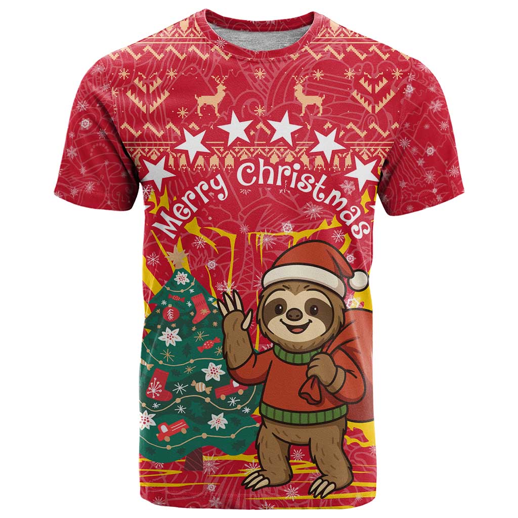 Venezuela Christmas T-Shirt with Santa Sloth Christmas Tree Stars and Red Festive Graphic Tee