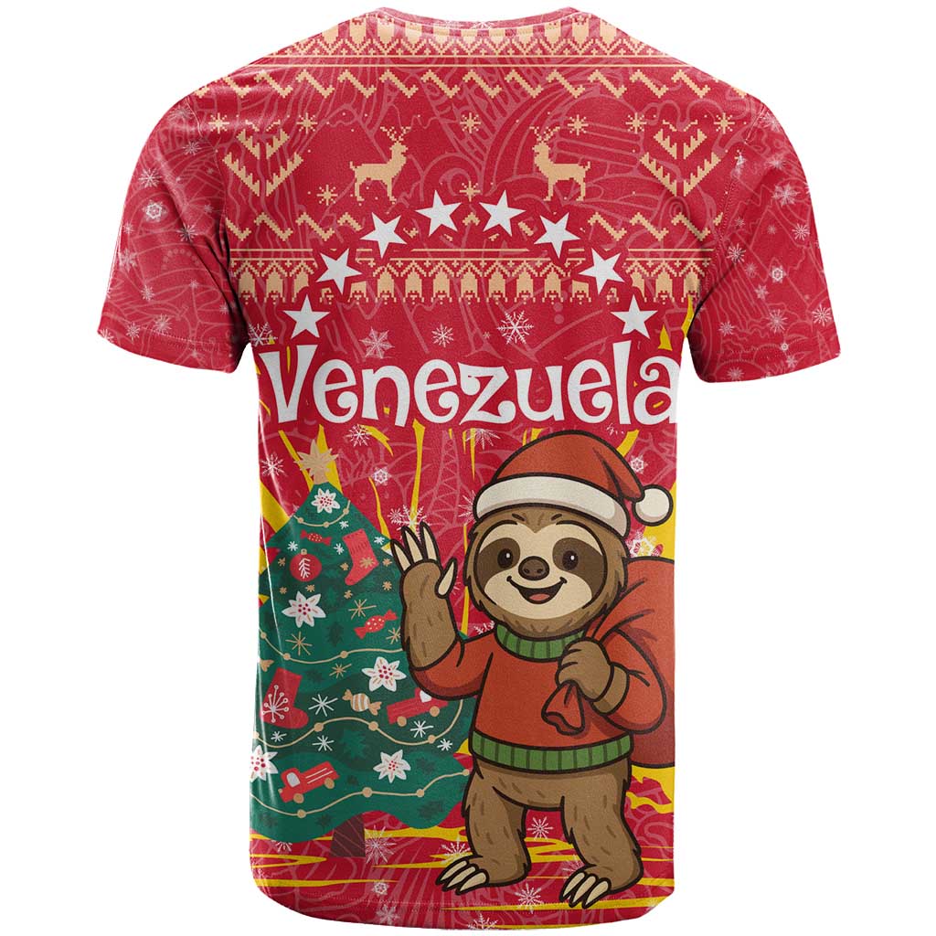 Venezuela Christmas T-Shirt with Santa Sloth Christmas Tree Stars and Red Festive Graphic Tee