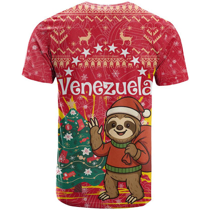 Venezuela Christmas T-Shirt with Santa Sloth Christmas Tree Stars and Red Festive Graphic Tee