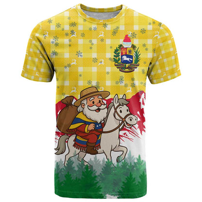 Venezuela Christmas T-Shirt with Santa on Horse Traditional Outfit Snowflakes and Yellow Plaid Graphic Tee