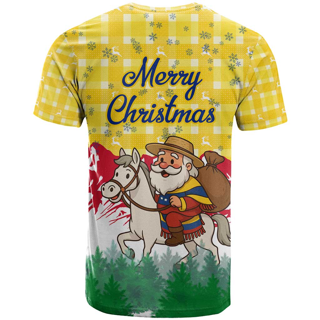 Venezuela Christmas T-Shirt with Santa on Horse Traditional Outfit Snowflakes and Yellow Plaid Graphic Tee