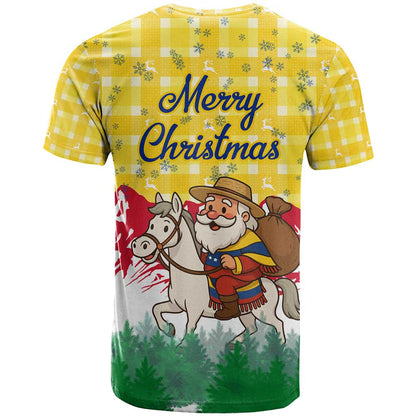 Venezuela Christmas T-Shirt with Santa on Horse Traditional Outfit Snowflakes and Yellow Plaid Graphic Tee