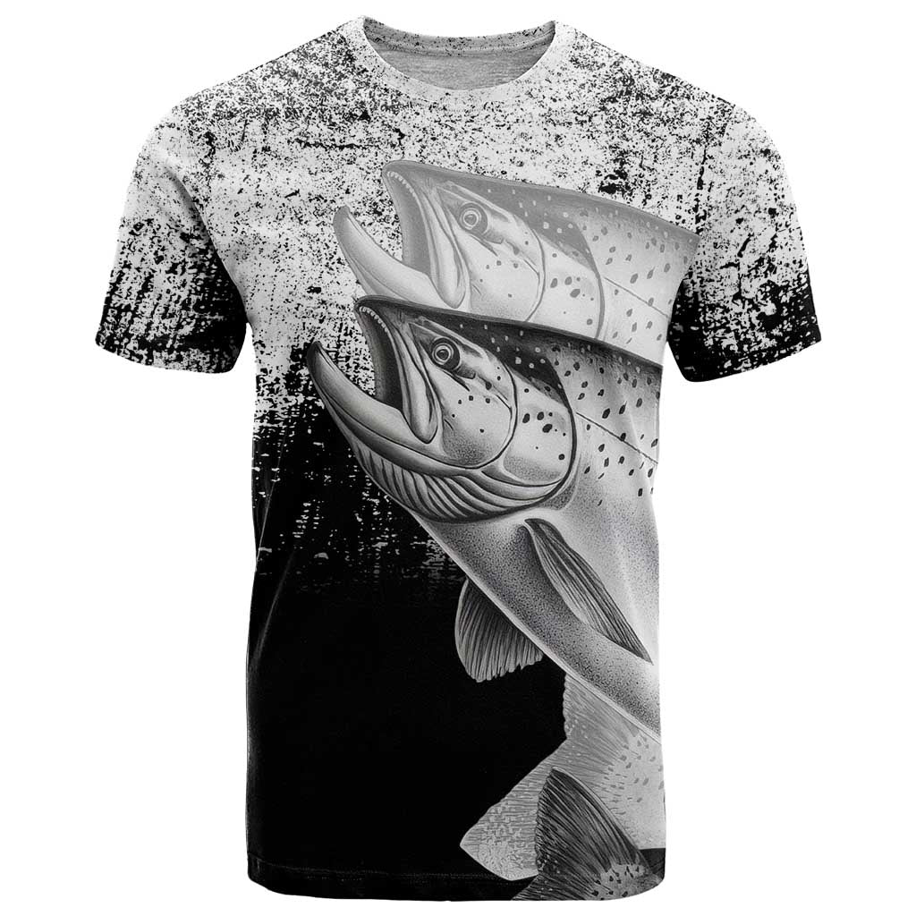 Custom Black and White King Salmon Fishing T-Shirt with Trout Fish Design Black and White Grunge Style Graphic Tee
