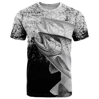 Custom Black and White King Salmon Fishing T-Shirt with Trout Fish Design Black and White Grunge Style Graphic Tee
