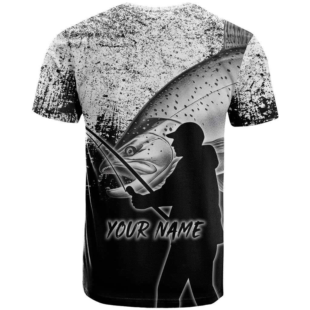 Custom Black and White King Salmon Fishing T-Shirt with Trout Fish Design Black and White Grunge Style Graphic Tee