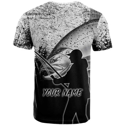 Custom Black and White King Salmon Fishing T-Shirt with Trout Fish Design Black and White Grunge Style Graphic Tee