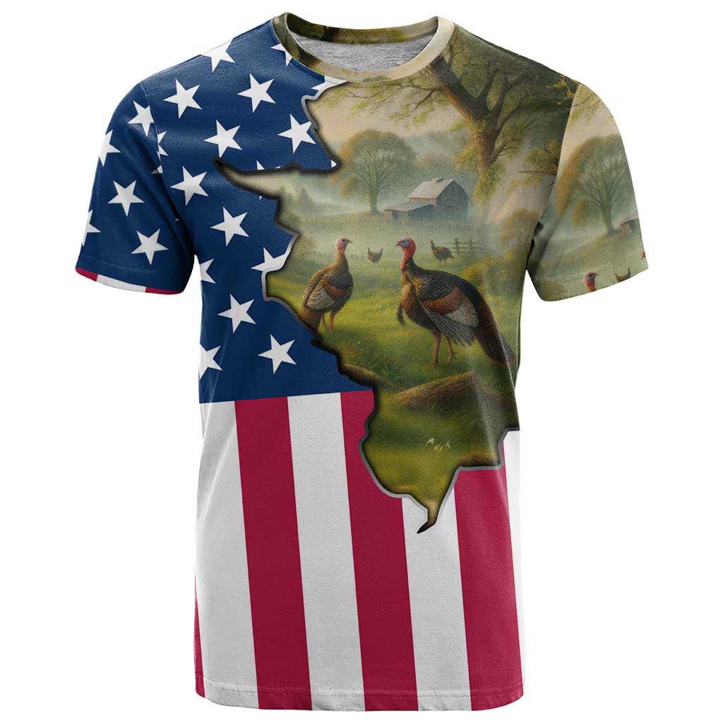 Custom American Flag Turkey Hunting T-Shirt with Illinois State Outline Country Farm Scene Graphic Tee