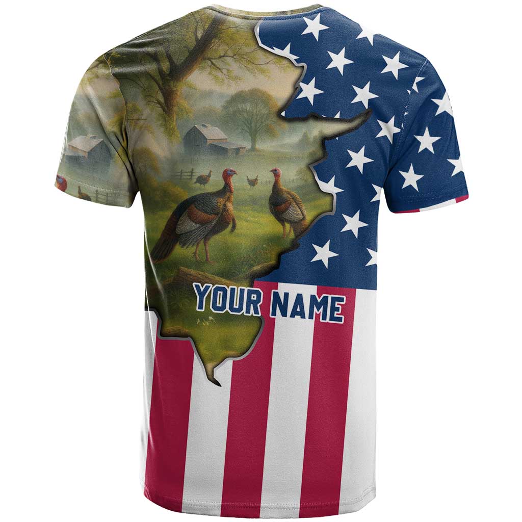 Custom American Flag Turkey Hunting T-Shirt with Illinois State Outline Country Farm Scene Graphic Tee