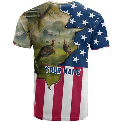 Custom American Flag Turkey Hunting T-Shirt with Illinois State Outline Country Farm Scene Graphic Tee