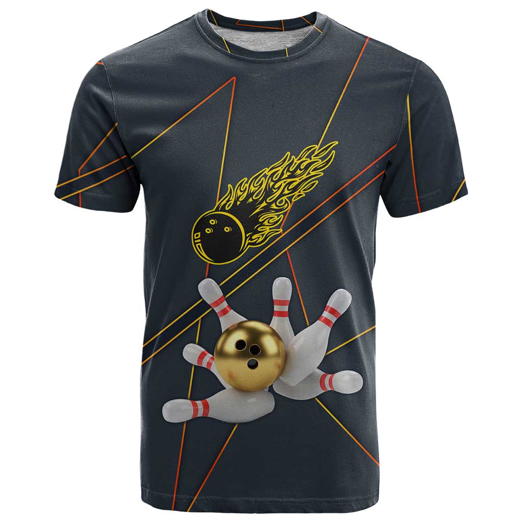 Custom Golden Bowling Shirts For Men, Flame Bowling T-Shirt with Flaming Bowling Ball Striking Pins And Geometric Line Pattern Graphic Tee