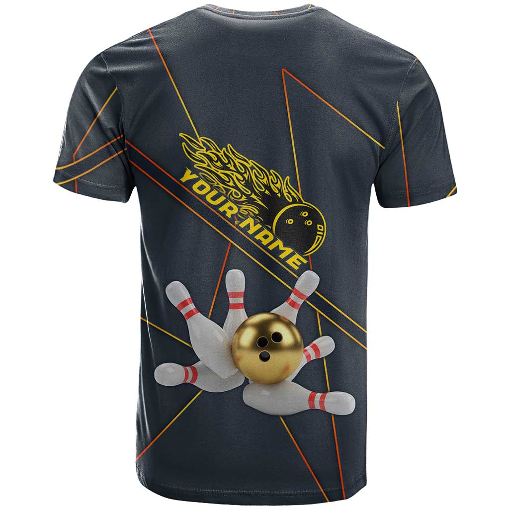 Custom Golden Bowling Shirts For Men, Flame Bowling T-Shirt with Flaming Bowling Ball Striking Pins And Geometric Line Pattern Graphic Tee