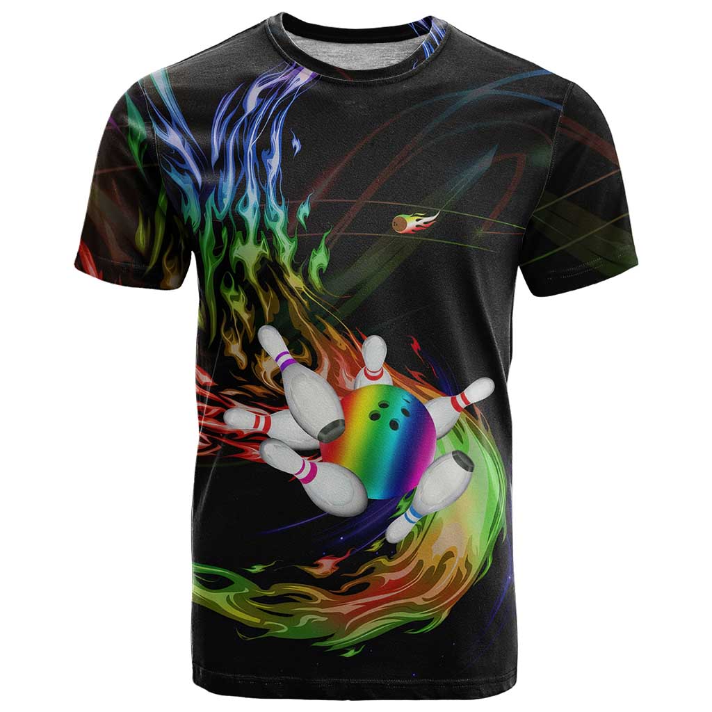 Custom Bowling Quarter Rainbow fFame Bowling Ball T-Shirt with Colorful Flaming Strike Design Rainbow Ball Graphic Tee