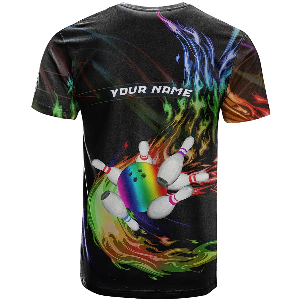 Custom Bowling Quarter Rainbow fFame Bowling Ball T-Shirt with Colorful Flaming Strike Design Rainbow Ball Graphic Tee