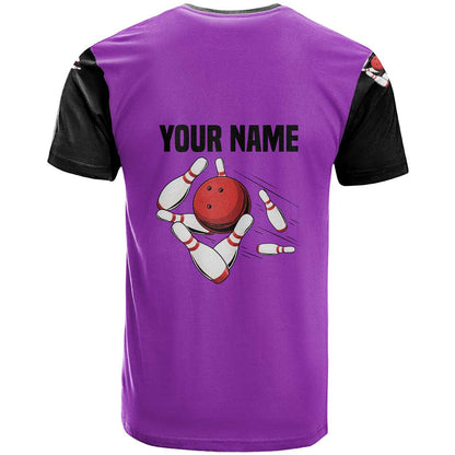 Personalized Purple Black Retro Bowling T-Shirt with Cartoon Strike Graphic Tee