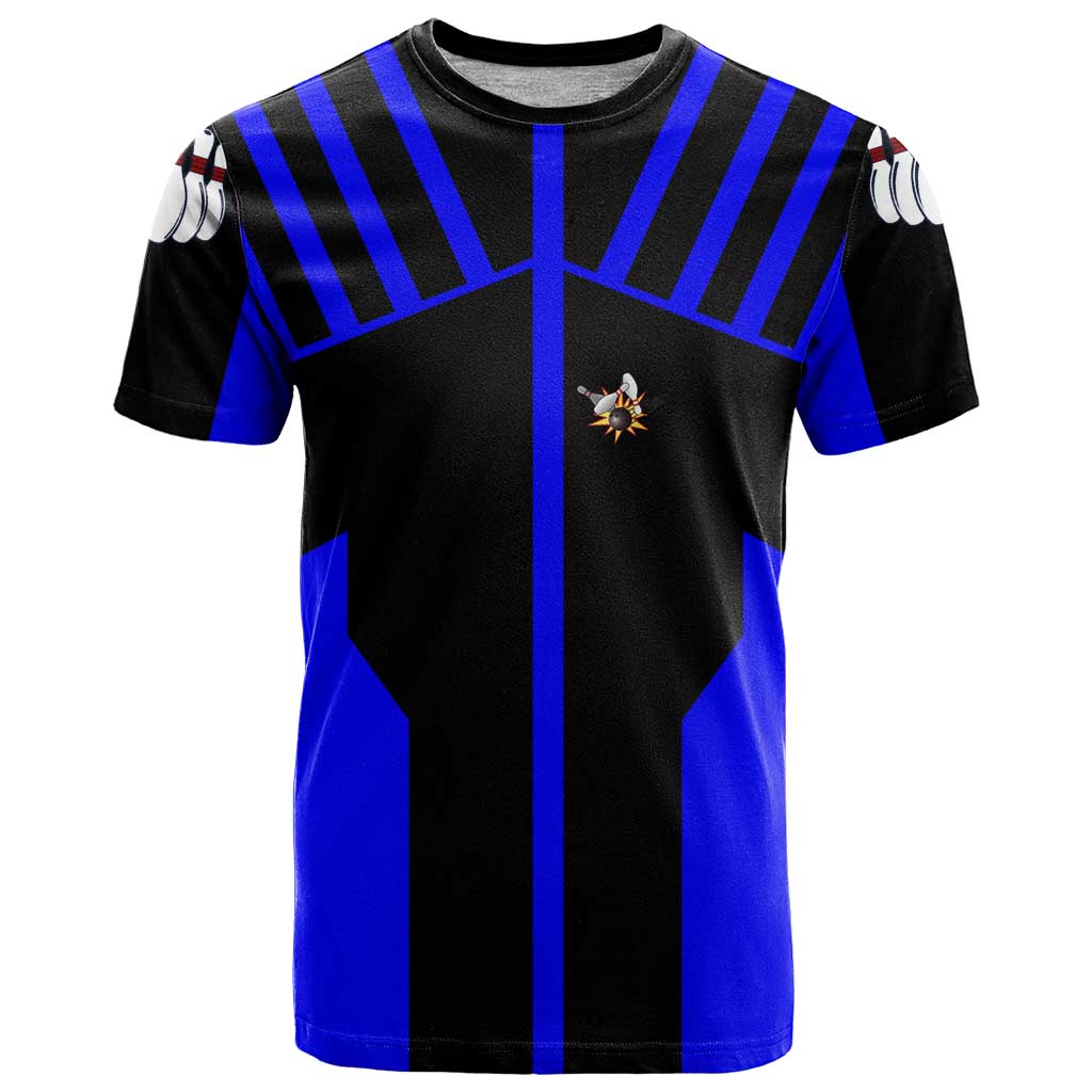 Custom Blue and Black Bowling T-Shirt with Exploding Strike Design Pin Graphics Graphic Tee