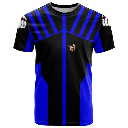 Custom Blue and Black Bowling T-Shirt with Exploding Strike Design Pin Graphics Graphic Tee