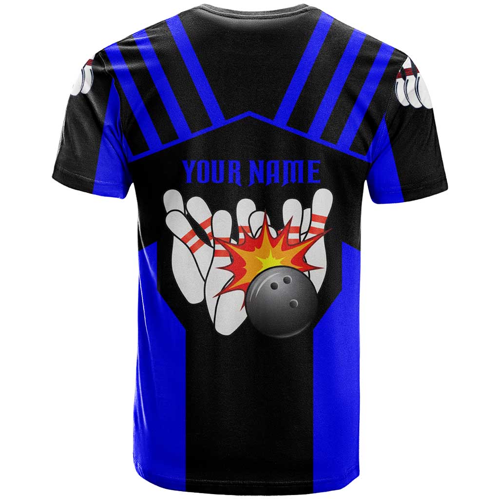 Custom Blue and Black Bowling T-Shirt with Exploding Strike Design Pin Graphics Graphic Tee