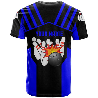 Custom Blue and Black Bowling T-Shirt with Exploding Strike Design Pin Graphics Graphic Tee