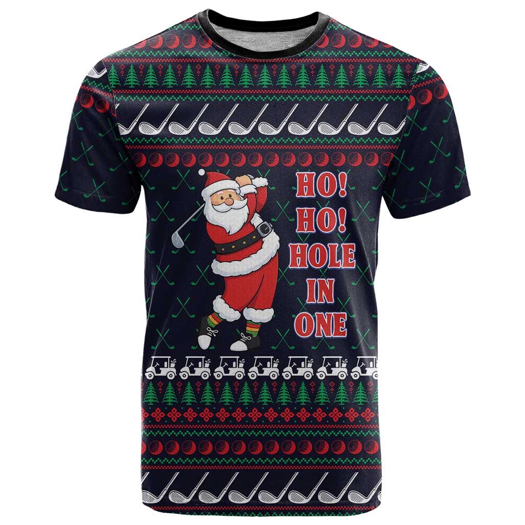 Santa Hole in One Christmas T-Shirt with Golf Clubs and Festive Pattern Graphic Tee