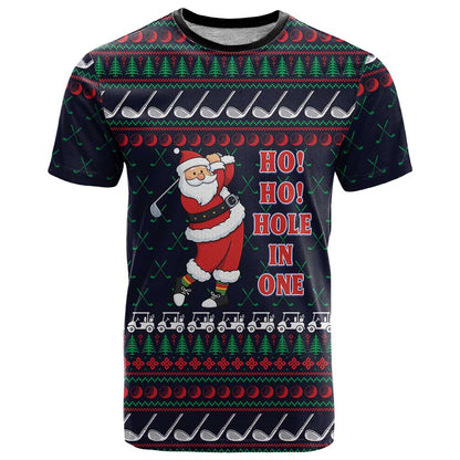 Santa Hole in One Christmas T-Shirt with Golf Clubs and Festive Pattern Graphic Tee