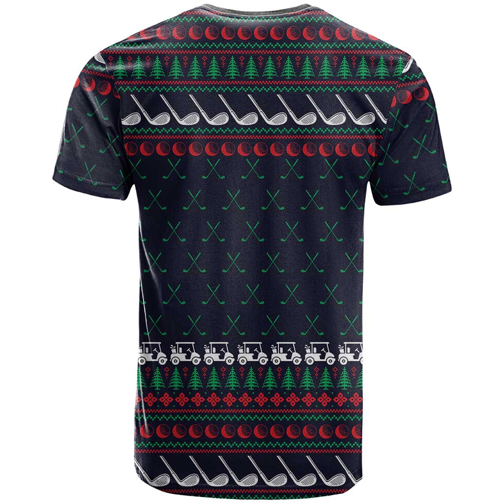 Santa Hole in One Christmas T-Shirt with Golf Clubs and Festive Pattern Graphic Tee