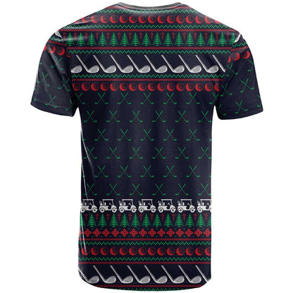 Santa Hole in One Christmas T-Shirt with Golf Clubs and Festive Pattern Graphic Tee