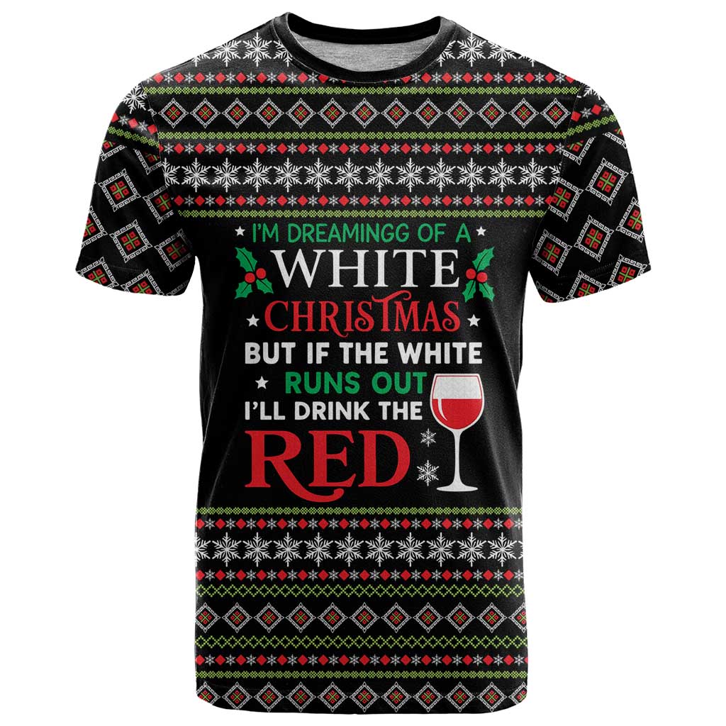 White and Red Christmas Wine T-Shirt with Festive Pattern and Holiday Cheer Graphic Tee