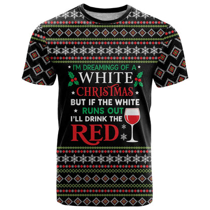 White and Red Christmas Wine T-Shirt with Festive Pattern and Holiday Cheer Graphic Tee
