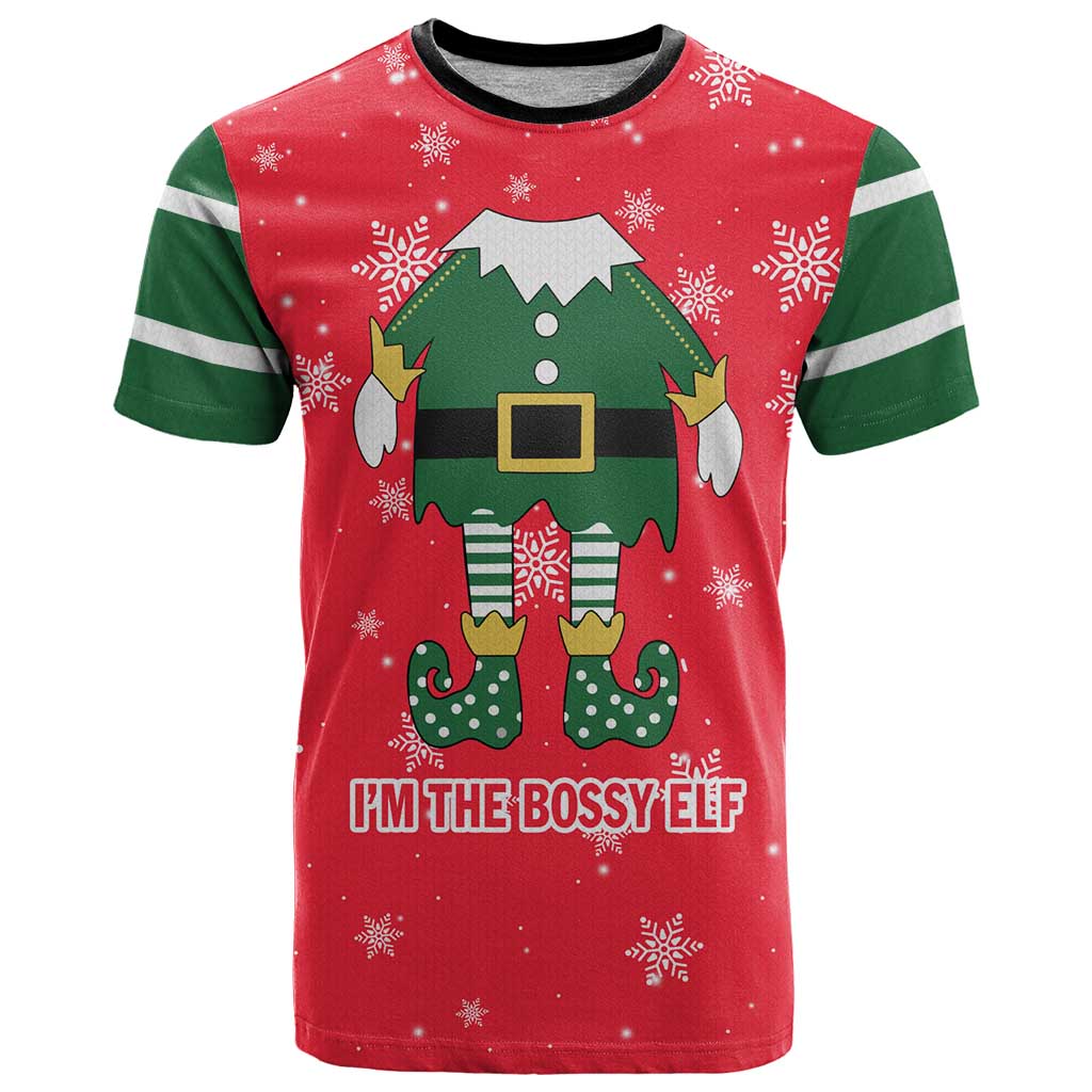 Bossy Elf Christmas T-Shirt with Snowflakes and Striped Sleeves Graphic Tee