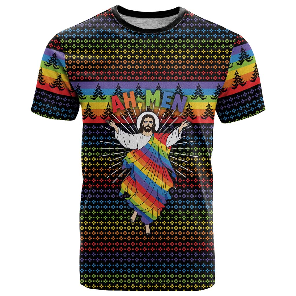Rainbow Jesus Ah Men Christmas T-Shirt with Colorful Stripes and Holiday Pattern Graphic Tee