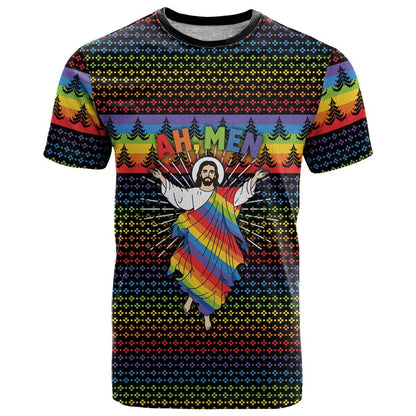 Rainbow Jesus Ah Men Christmas T-Shirt with Colorful Stripes and Holiday Pattern Graphic Tee