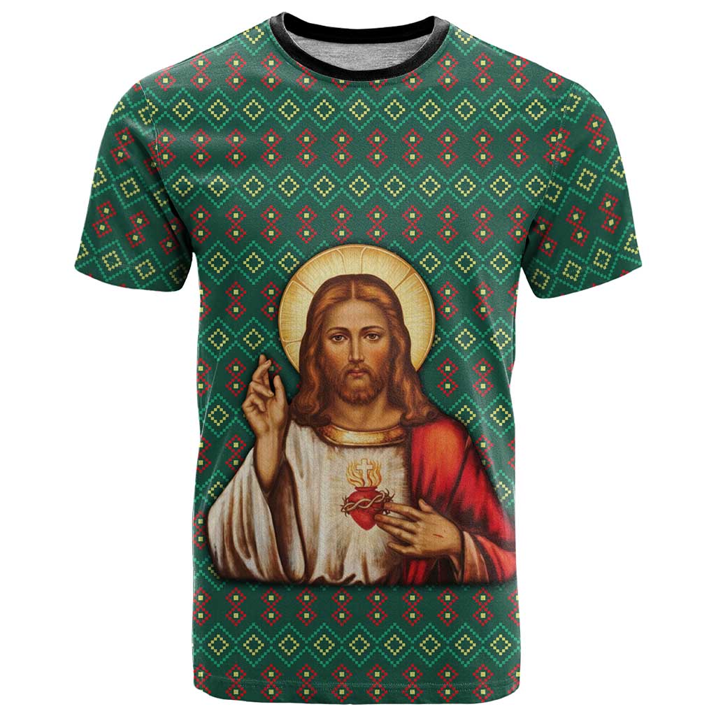 Sacred Heart Jesus Christmas T-Shirt with Festive Green Knit Pattern Graphic Tee