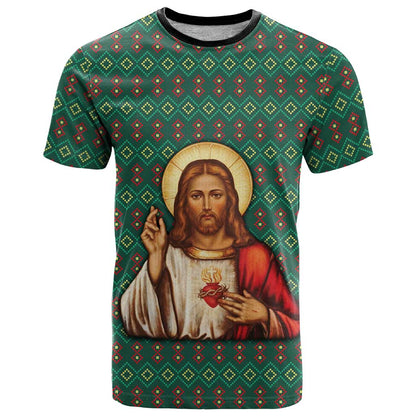 Sacred Heart Jesus Christmas T-Shirt with Festive Green Knit Pattern Graphic Tee