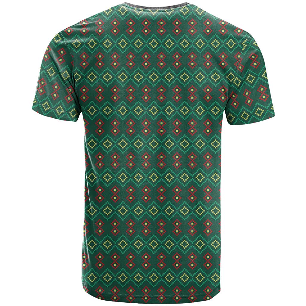 Sacred Heart Jesus Christmas T-Shirt with Festive Green Knit Pattern Graphic Tee