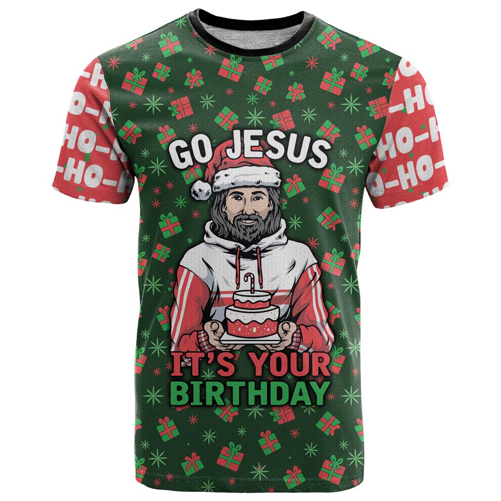 Go Jesus It's Your Birthday Christmas T-Shirt with Presents and Festive Pattern Graphic Tee