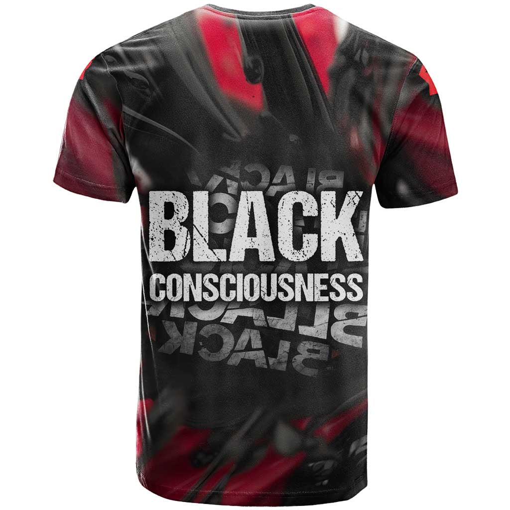 Steve Biko T-Shirt with Black Consciousness Portrait, Power Fist Symbol and Red-Black Freedom Graphic Tee