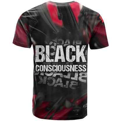 Steve Biko T-Shirt with Black Consciousness Portrait, Power Fist Symbol and Red-Black Freedom Graphic Tee