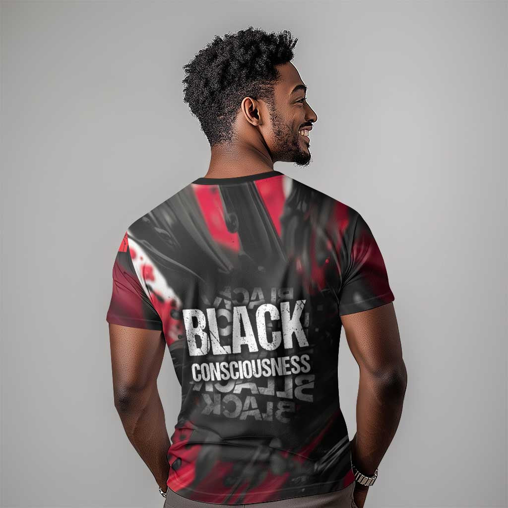 Steve Biko T-Shirt with Black Consciousness Portrait, Power Fist Symbol and Red-Black Freedom Graphic Tee