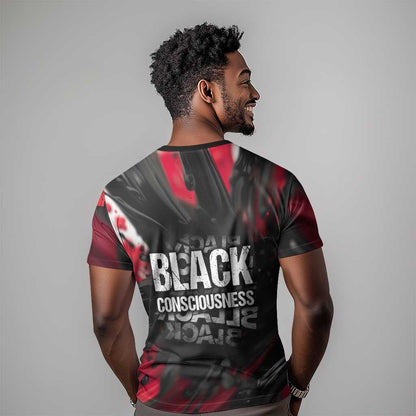 Steve Biko T-Shirt with Black Consciousness Portrait, Power Fist Symbol and Red-Black Freedom Graphic Tee